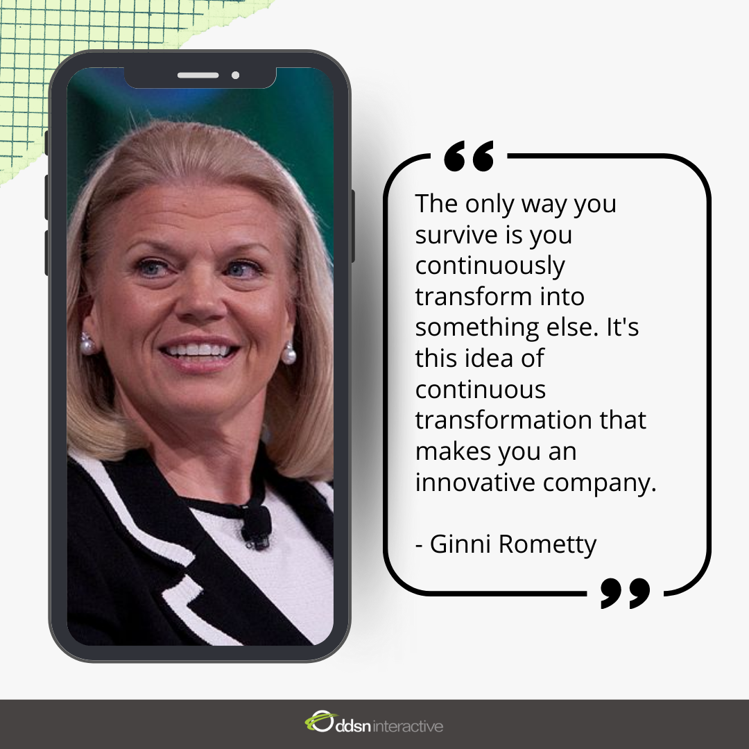 Graphic depicting Ginni Rometty and her quote "The only way you survive is you continuously transform into something else. It's this idea of continuous transformation that makes you an innovation company."